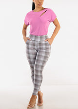 Butt Lift Stretchy Plaid Skinny Ankle Pants Grey