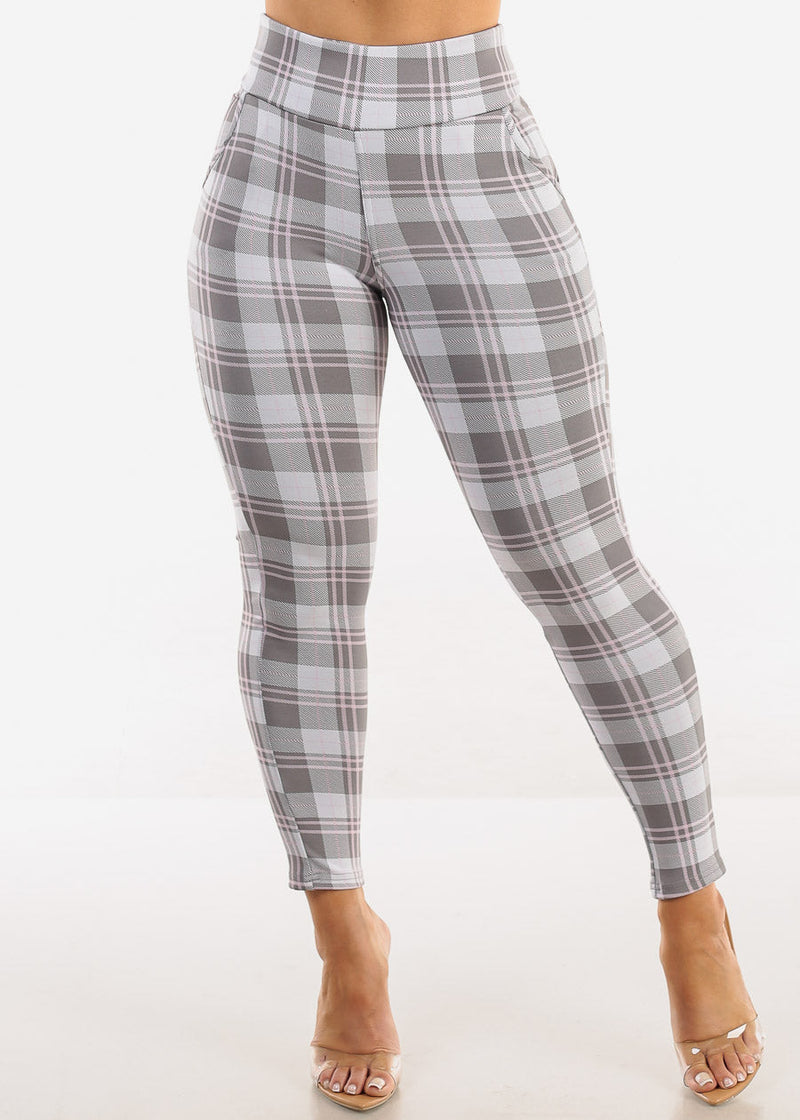 Butt Lift Stretchy Plaid Skinny Ankle Pants Grey