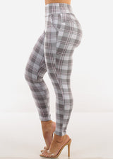 Butt Lift Stretchy Plaid Skinny Ankle Pants Grey