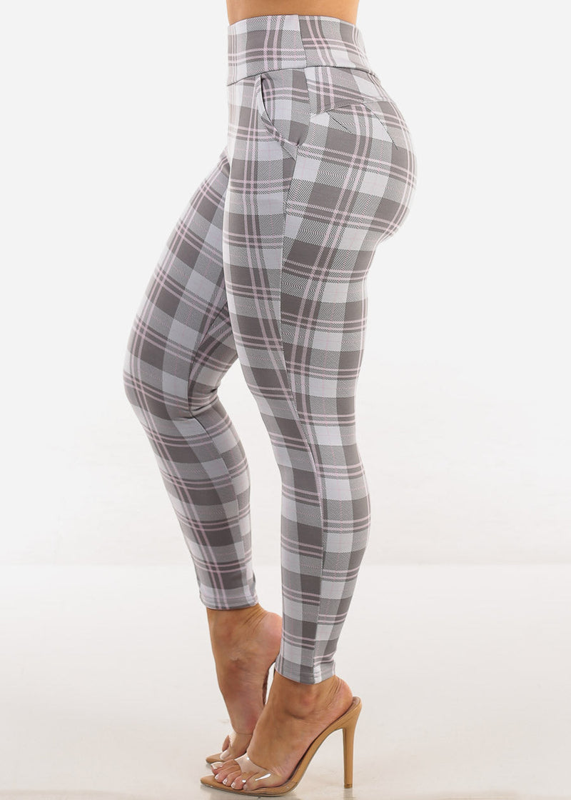 Butt Lift Stretchy Plaid Skinny Ankle Pants Grey