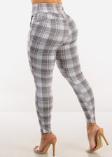 Butt Lift Stretchy Plaid Skinny Ankle Pants Grey