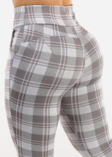 Butt Lift Stretchy Plaid Skinny Ankle Pants Grey