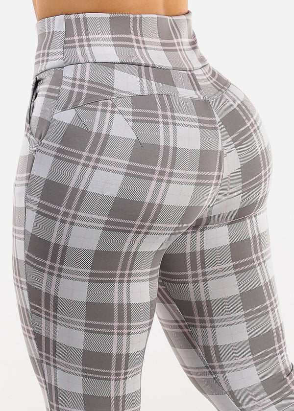 Butt Lift Stretchy Plaid Skinny Ankle Pants Grey