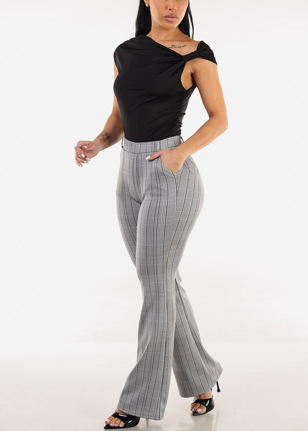 Butt Lift Stretchy High Rise Plaid Dressy Bootcut Pants Grey