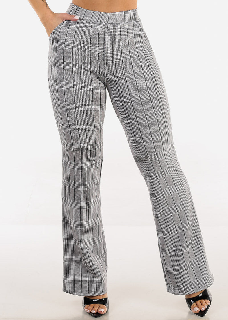 Butt Lift Stretchy High Rise Plaid Dressy Bootcut Pants Grey