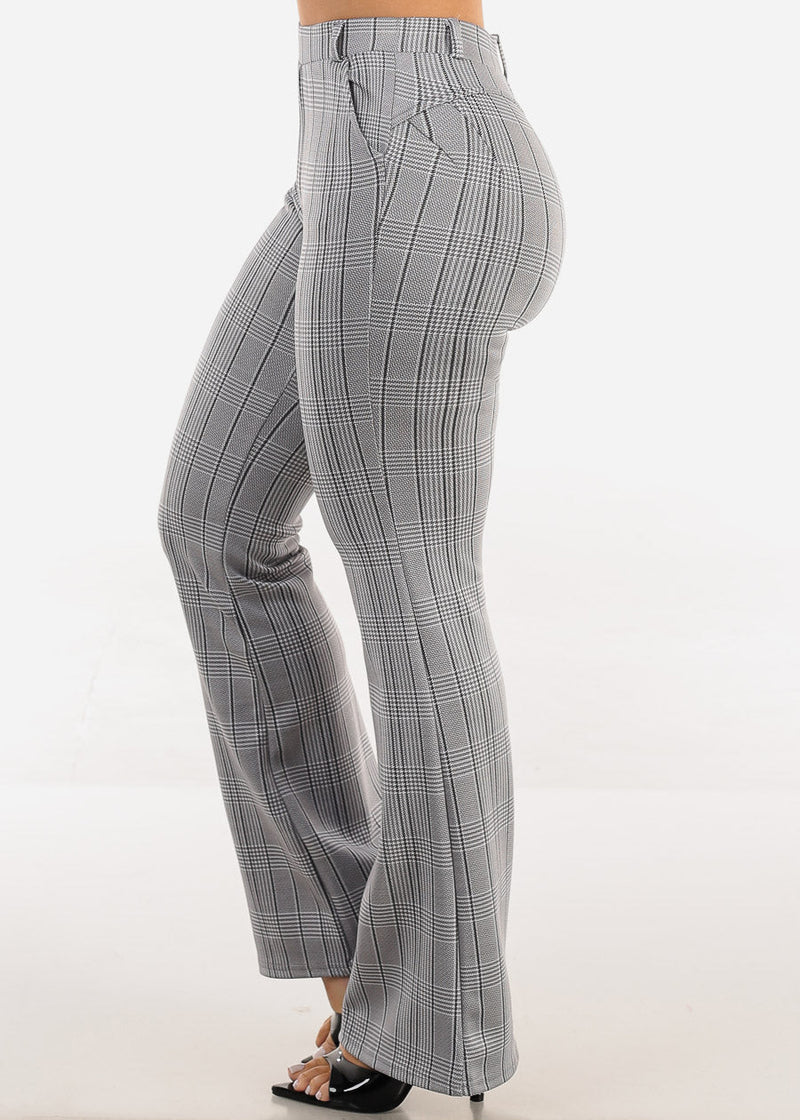 Butt Lift Stretchy High Rise Plaid Dressy Bootcut Pants Grey