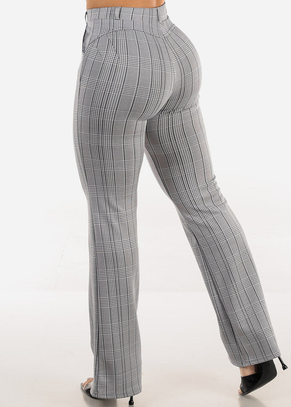 Butt Lift Stretchy High Rise Plaid Dressy Bootcut Pants Grey