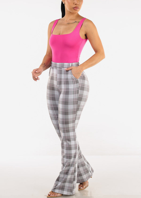 Butt Lift Stretchy High Waist Plaid Dressy Bootcut Pants Grey
