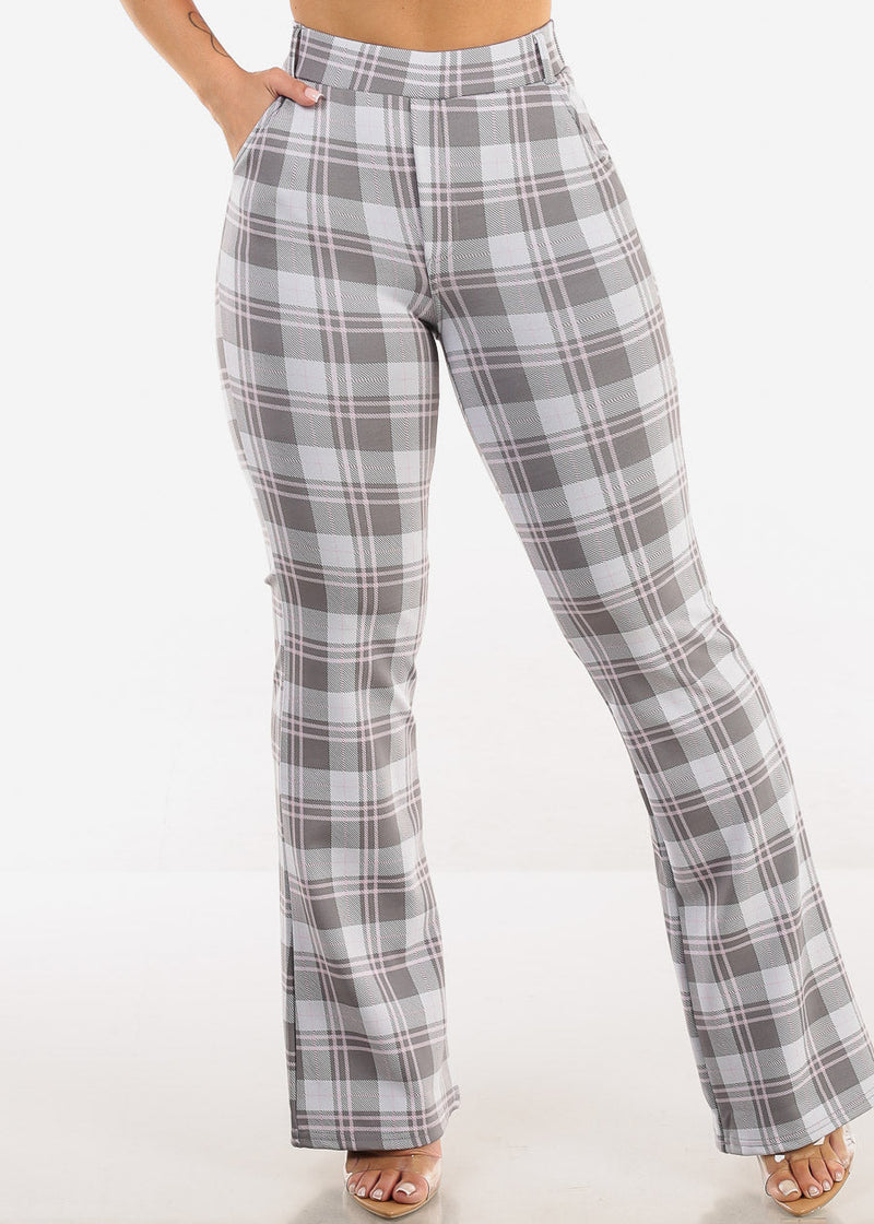 Butt Lift Stretchy High Waist Plaid Dressy Bootcut Pants Grey