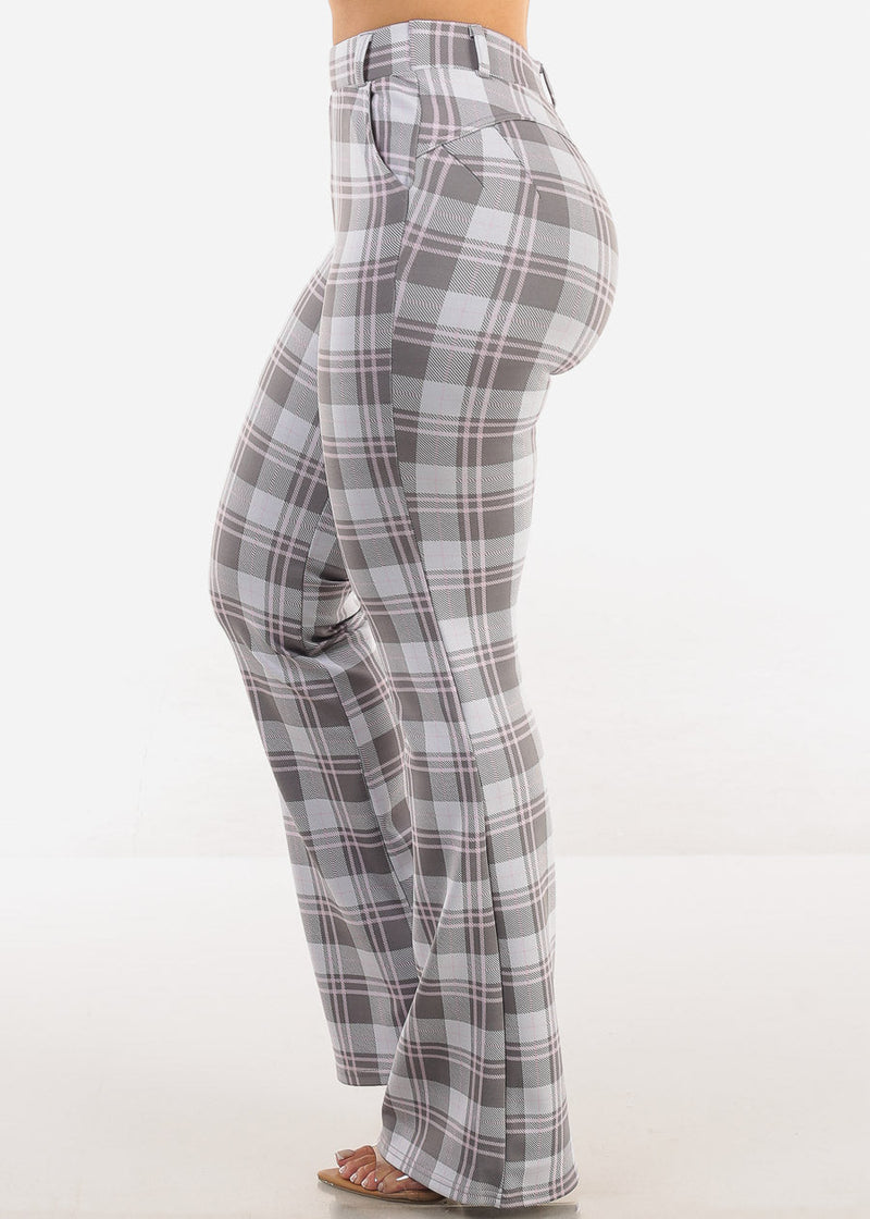 Butt Lift Stretchy High Waist Plaid Dressy Bootcut Pants Grey