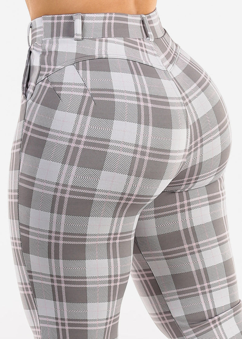 Butt Lift Stretchy High Waist Plaid Dressy Bootcut Pants Grey