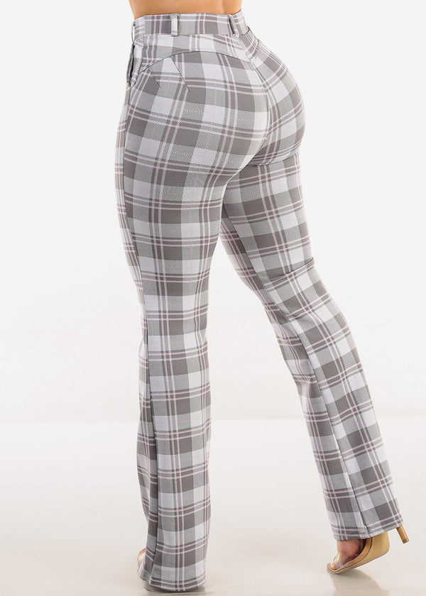 Butt Lift Stretchy High Waist Plaid Dressy Bootcut Pants Grey