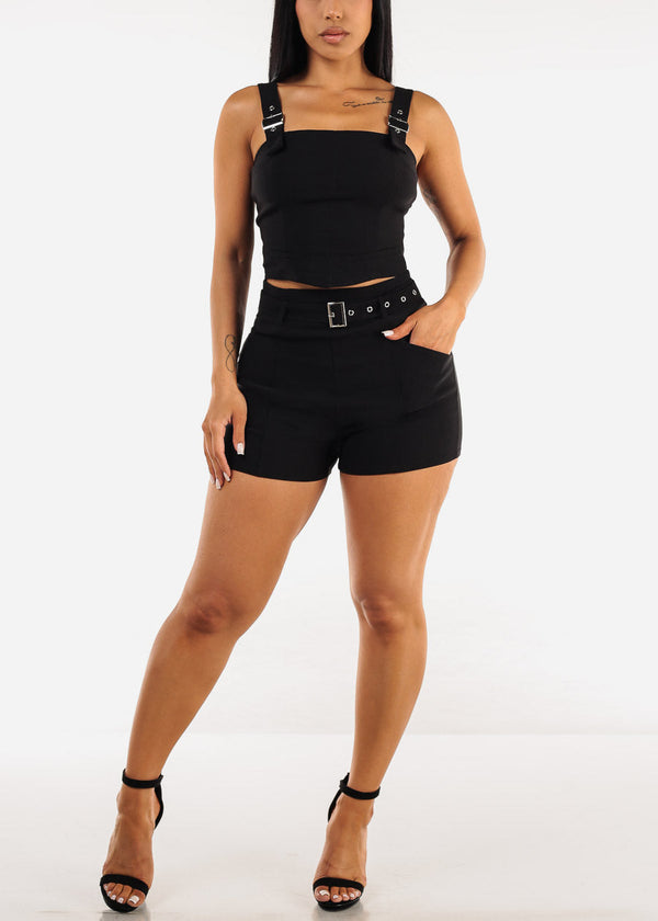 Black Super High Waist Stretchy Shorts w Belt