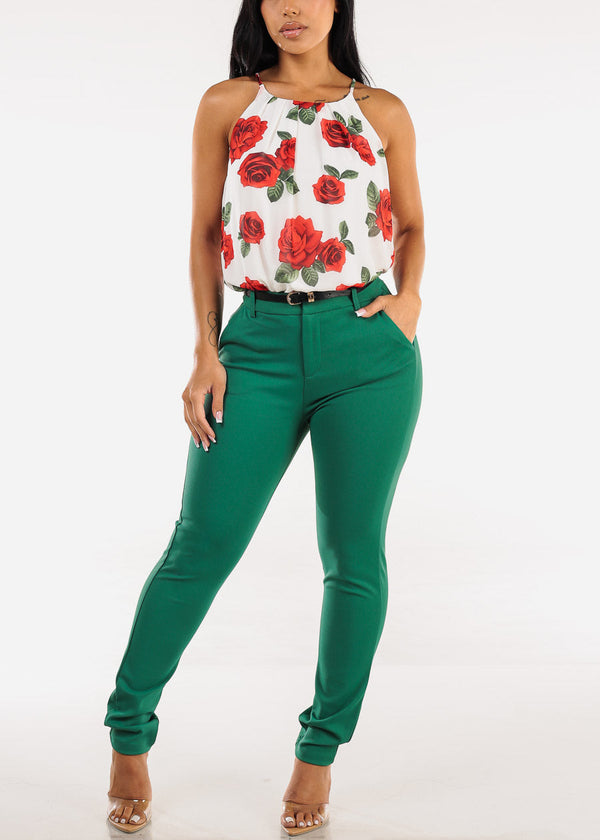 Belted Super High Waist Dressy Skinny Pants Green