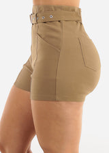 Khaki Super High Waist Stretchy Shorts w Belt