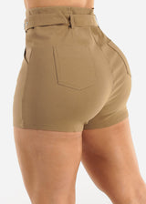 Khaki Super High Waist Stretchy Shorts w Belt