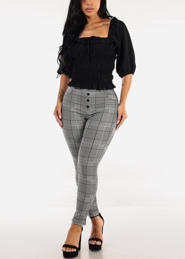 High Waisted Plaid Stretch Skinny Pants Black & White