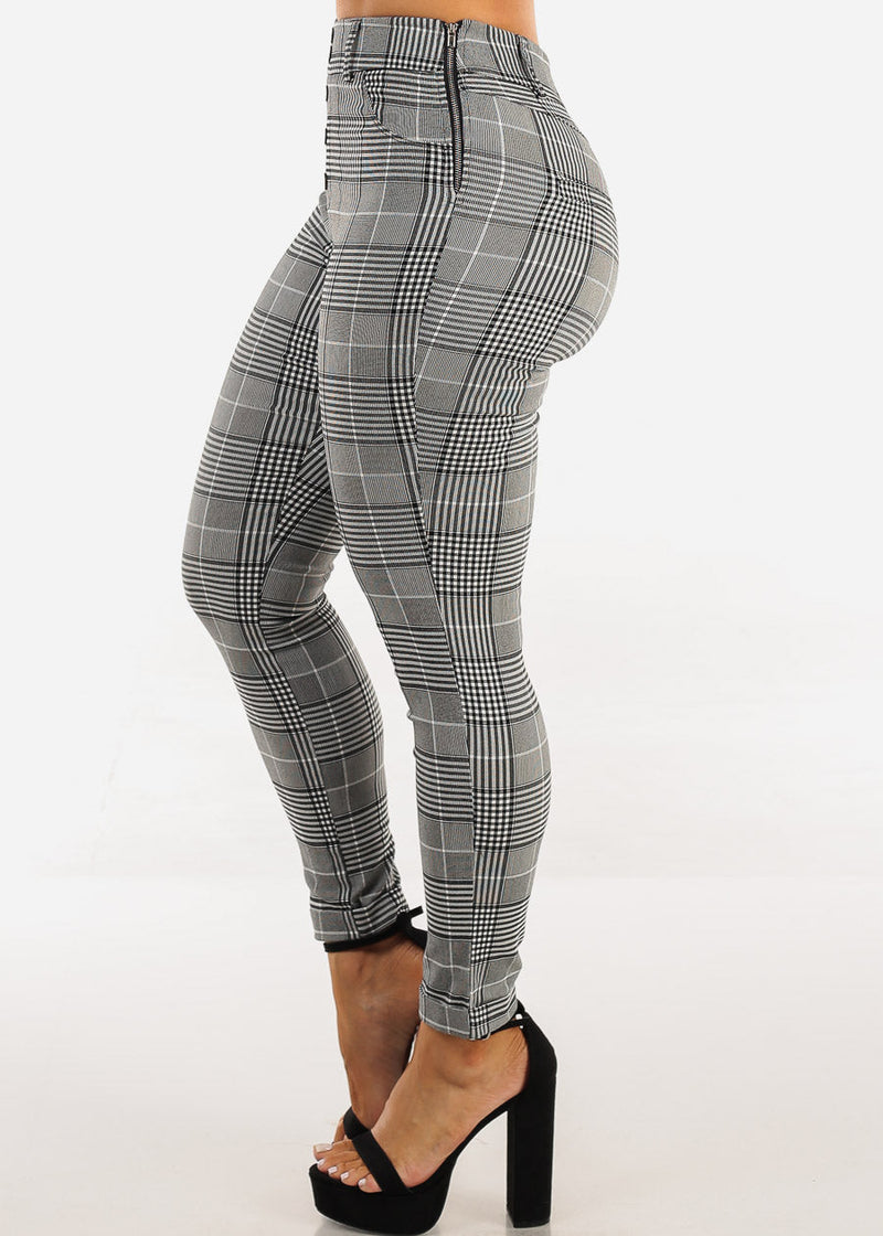 High Waisted Plaid Stretch Skinny Pants Black & White