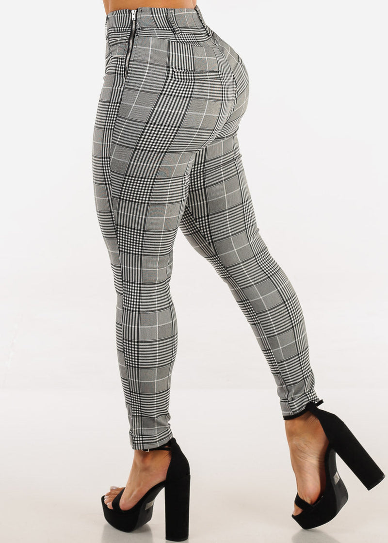High Waisted Plaid Stretch Skinny Pants Black & White