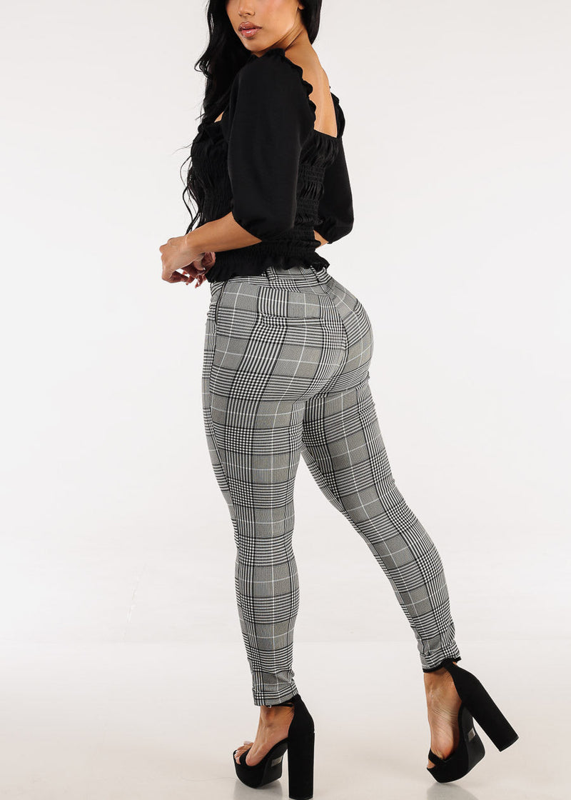 High Waisted Plaid Stretch Skinny Pants Black & White