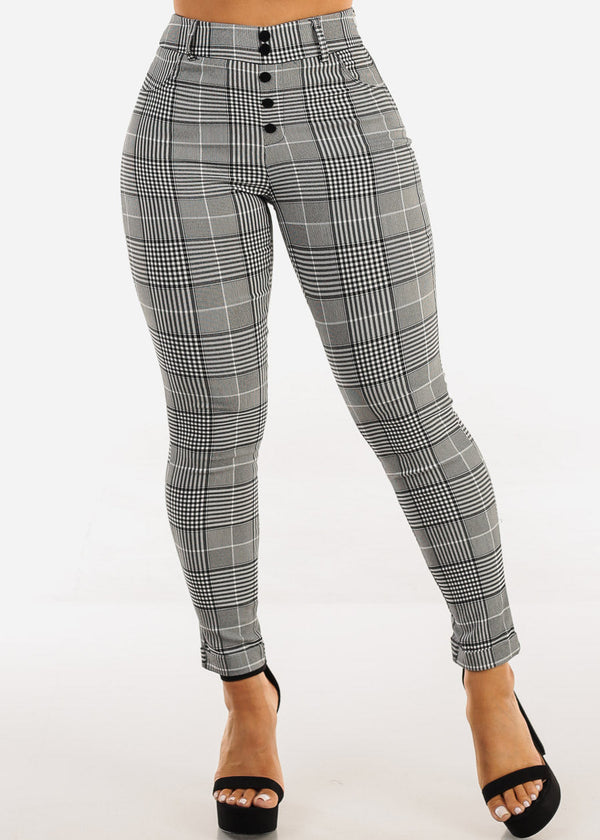 High Waisted Plaid Stretch Skinny Pants Black & White