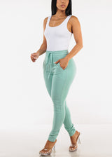 Drawstring Waist Stretch Skinny Pants Mint