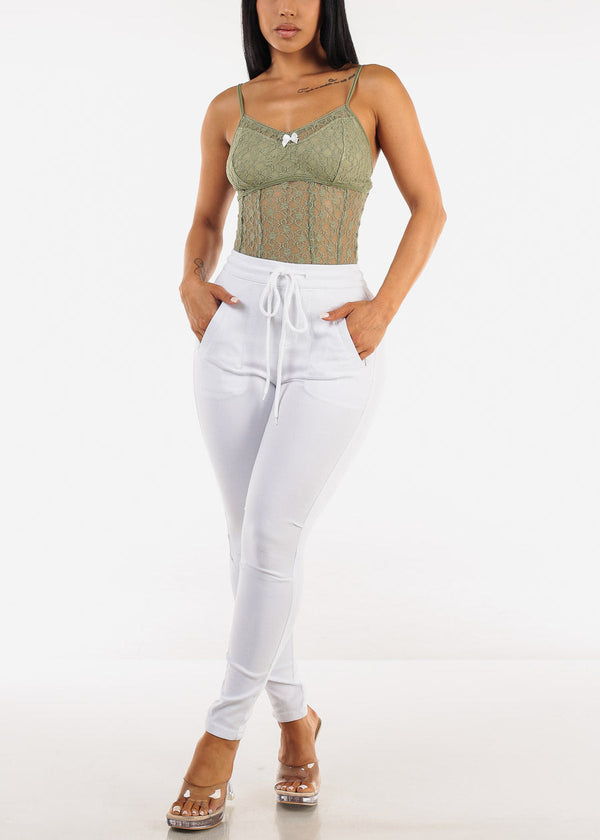 Drawstring Waist Stretch Skinny Pants White