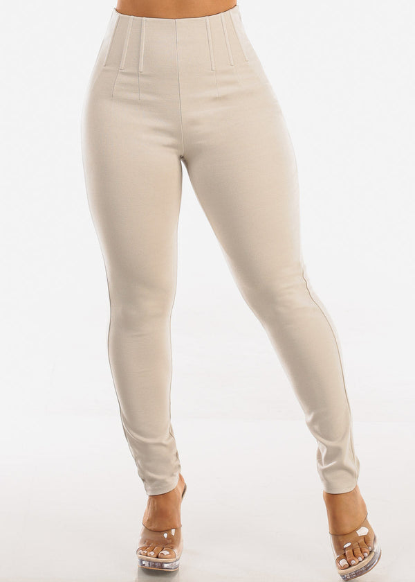 Super High Waist Stretch Dressy Skinny Pants Beige