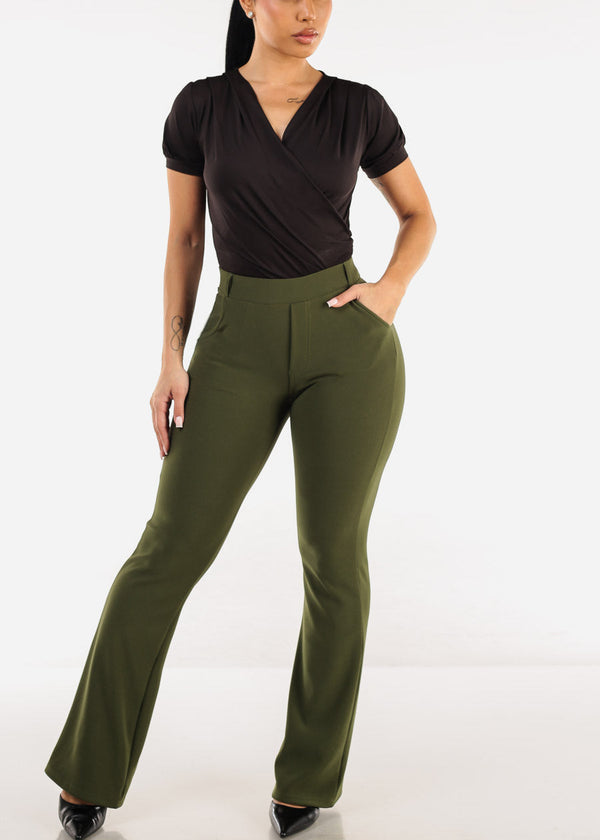 Butt Lift Stretchy High Waist Dressy Bootcut Pants Olive