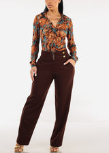 Butt Lift Straight Wide Leg Stretchy Dress Brown Pants