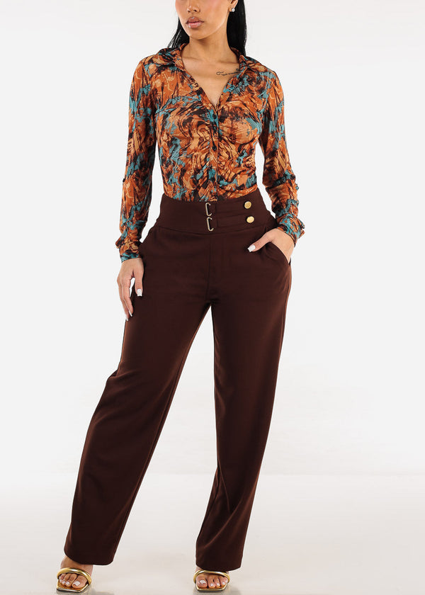 Butt Lift Straight Wide Leg Stretchy Dress Brown Pants