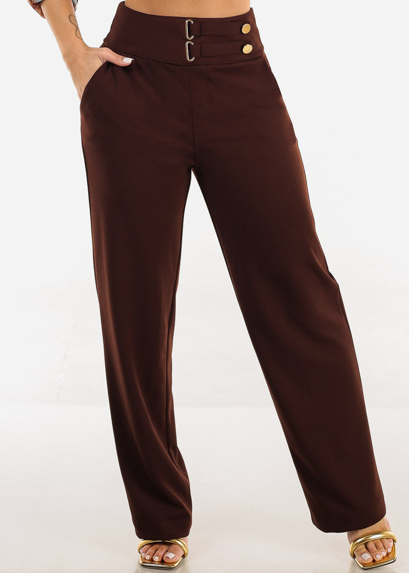 Butt Lift Straight Wide Leg Stretchy Dress Brown Pants