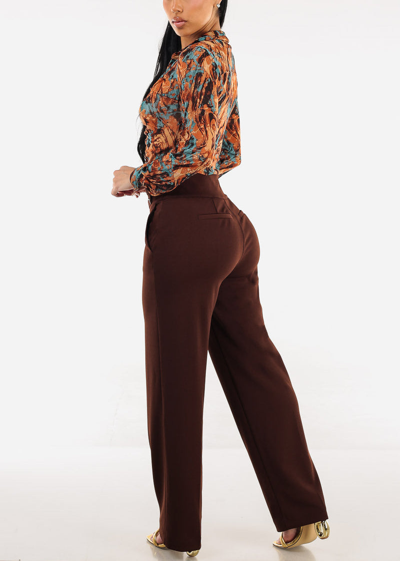 Butt Lift Straight Wide Leg Stretchy Dress Brown Pants