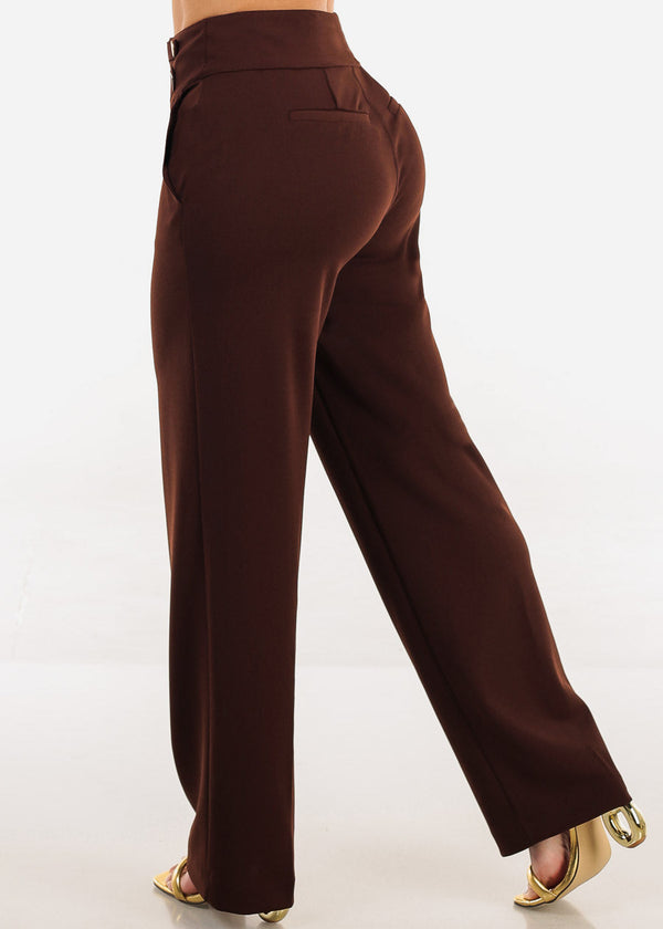 Butt Lift Straight Wide Leg Stretchy Dress Brown Pants