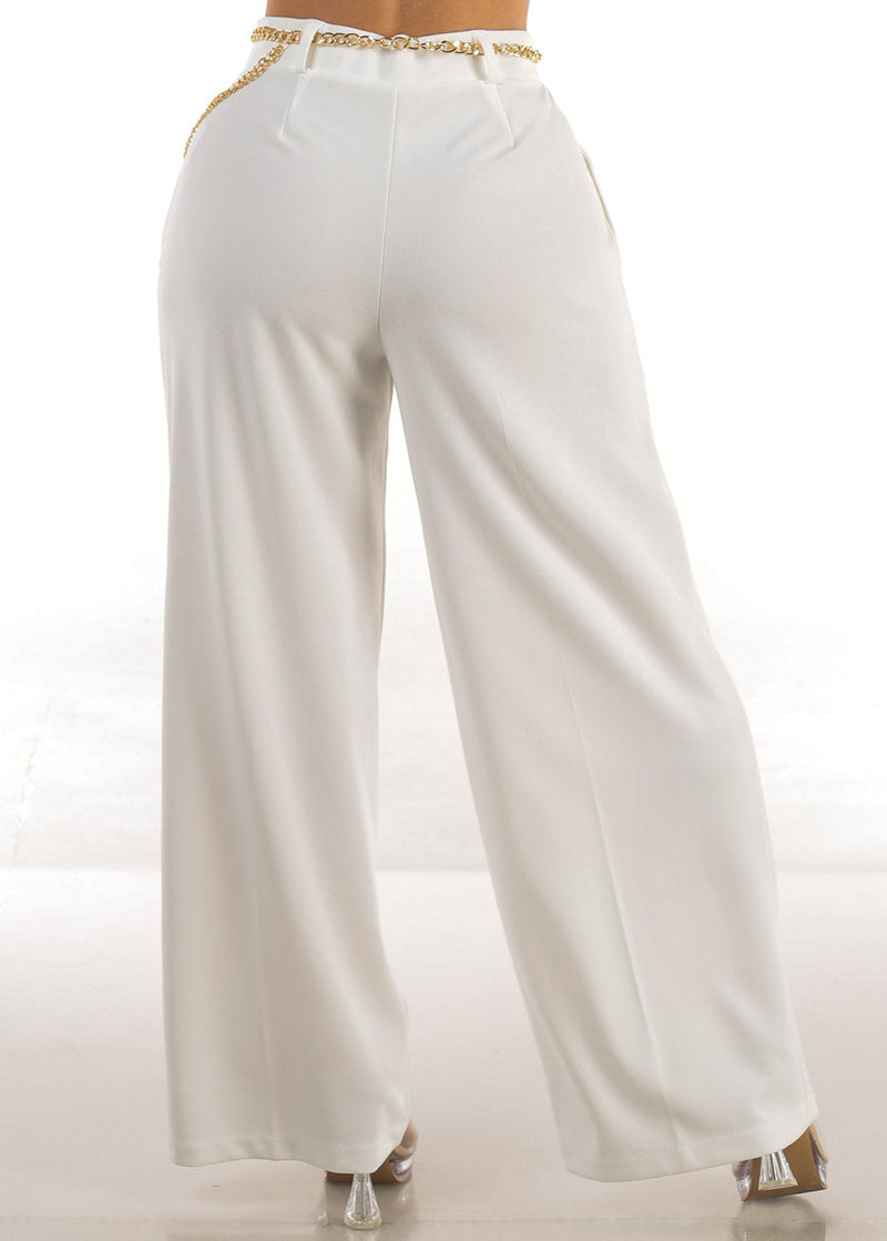 Super High Waist Wide Leg Stretch Dress Ivory Pants w Belt