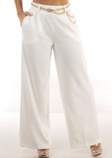 Super High Waist Wide Leg Stretch Dress Ivory Pants w Belt