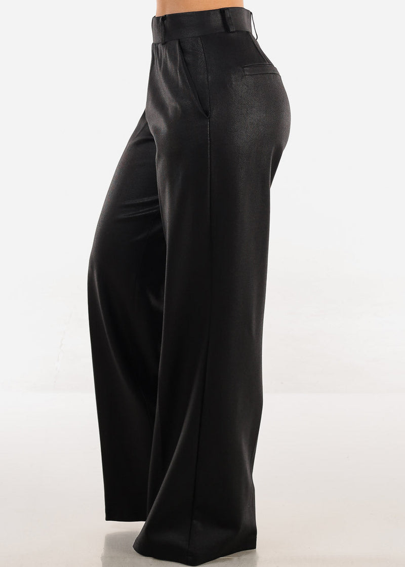 Black Super High Waist Silky Wide Leg Dress Pants