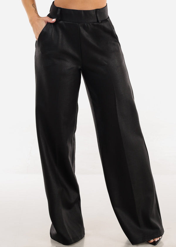 Black Super High Waist Silky Wide Leg Dress Pants