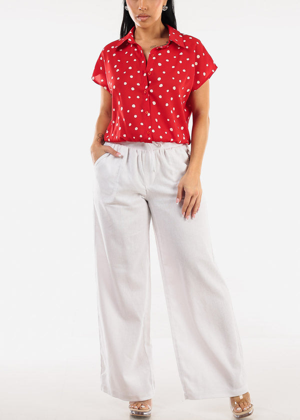 High Elastic Waist Wide Leg Linen Pants White