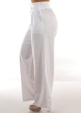 High Elastic Waist Wide Leg Linen Pants White