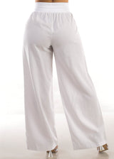 High Elastic Waist Wide Leg Linen Pants White