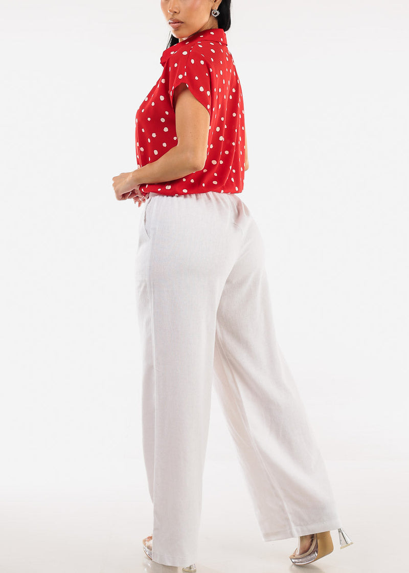 High Elastic Waist Wide Leg Linen Pants White