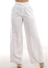 High Elastic Waist Wide Leg Linen Pants White