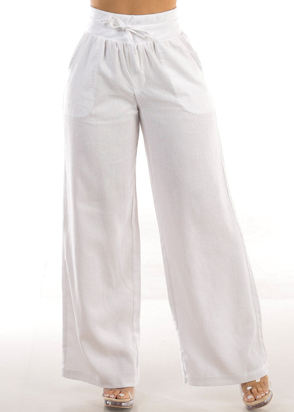 High Elastic Waist Wide Leg Linen Pants White