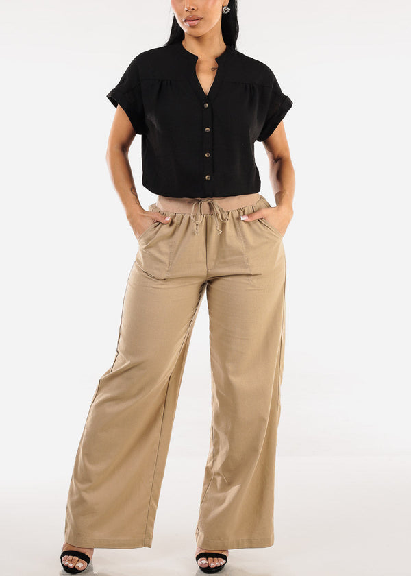 High Elastic Waist Wide Leg Linen Pants Khaki