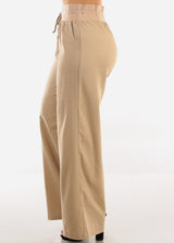 High Elastic Waist Wide Leg Linen Pants Khaki