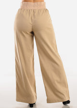 High Elastic Waist Wide Leg Linen Pants Khaki