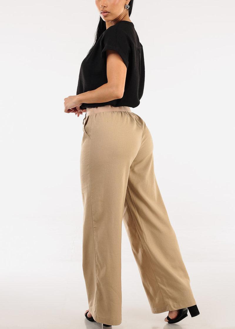 High Elastic Waist Wide Leg Linen Pants Khaki