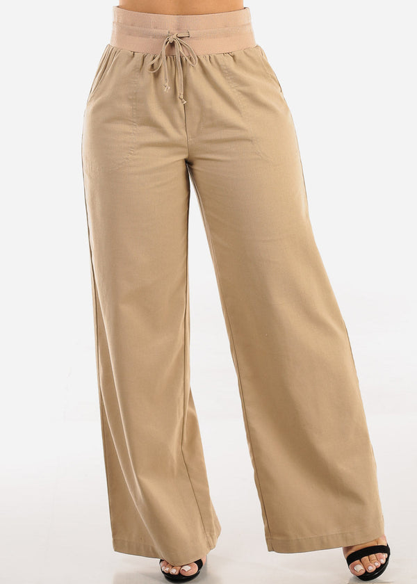 High Elastic Waist Wide Leg Linen Pants Khaki