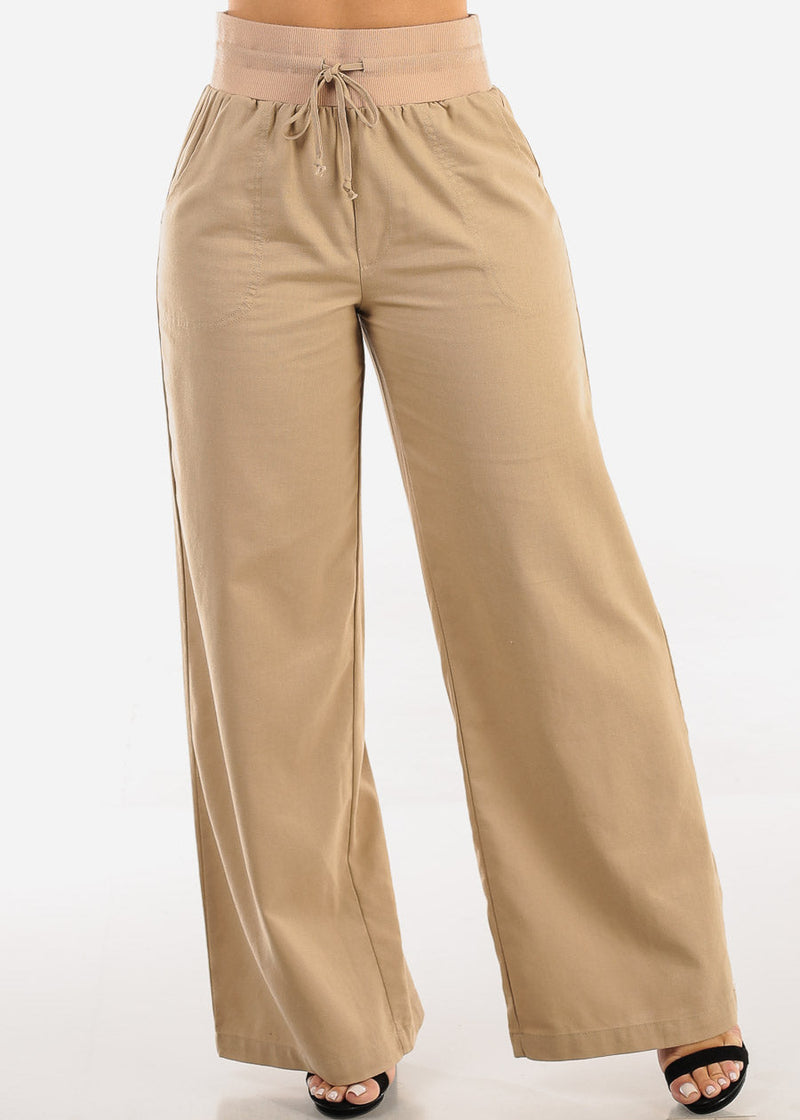High Elastic Waist Wide Leg Linen Pants Khaki